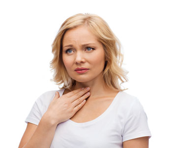 A women touching her neck from discomfort of dysphonia symptoms-SL Hunter Speechworks 